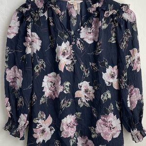 Rebecca Taylor Silk Floral Magnolia Print Navy Purple Ruffle Blouse Top 4